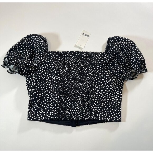 NWT Bar III Smocked Off-The-Shoulder Crop Top Black & White Dash Dot - Picture 7 of 7
